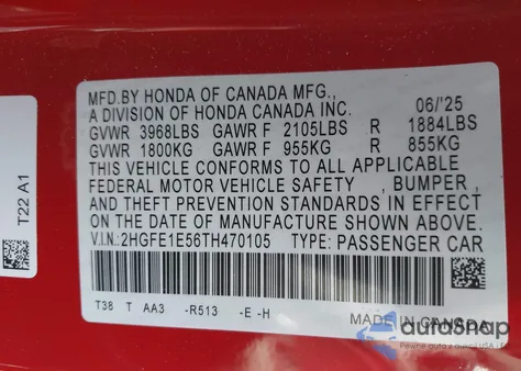 2026 Honda Civic Si Sedan from USA, damaged, VIN 2HGFE1E56TH470105